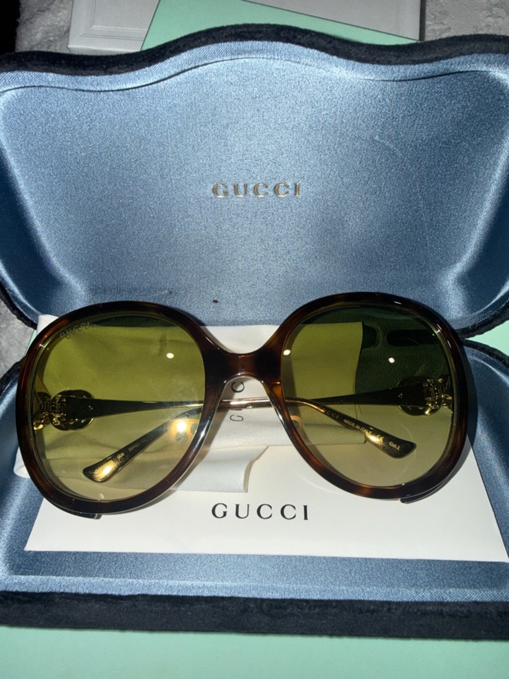 Gucci Brown Tortoiseshell Frame Sunglasses with Green Lenses